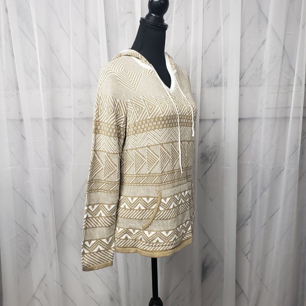 Belle Tan White Aztec Pullover Hooded Cotton Knit Sweater Size M - Picture 4 of 13